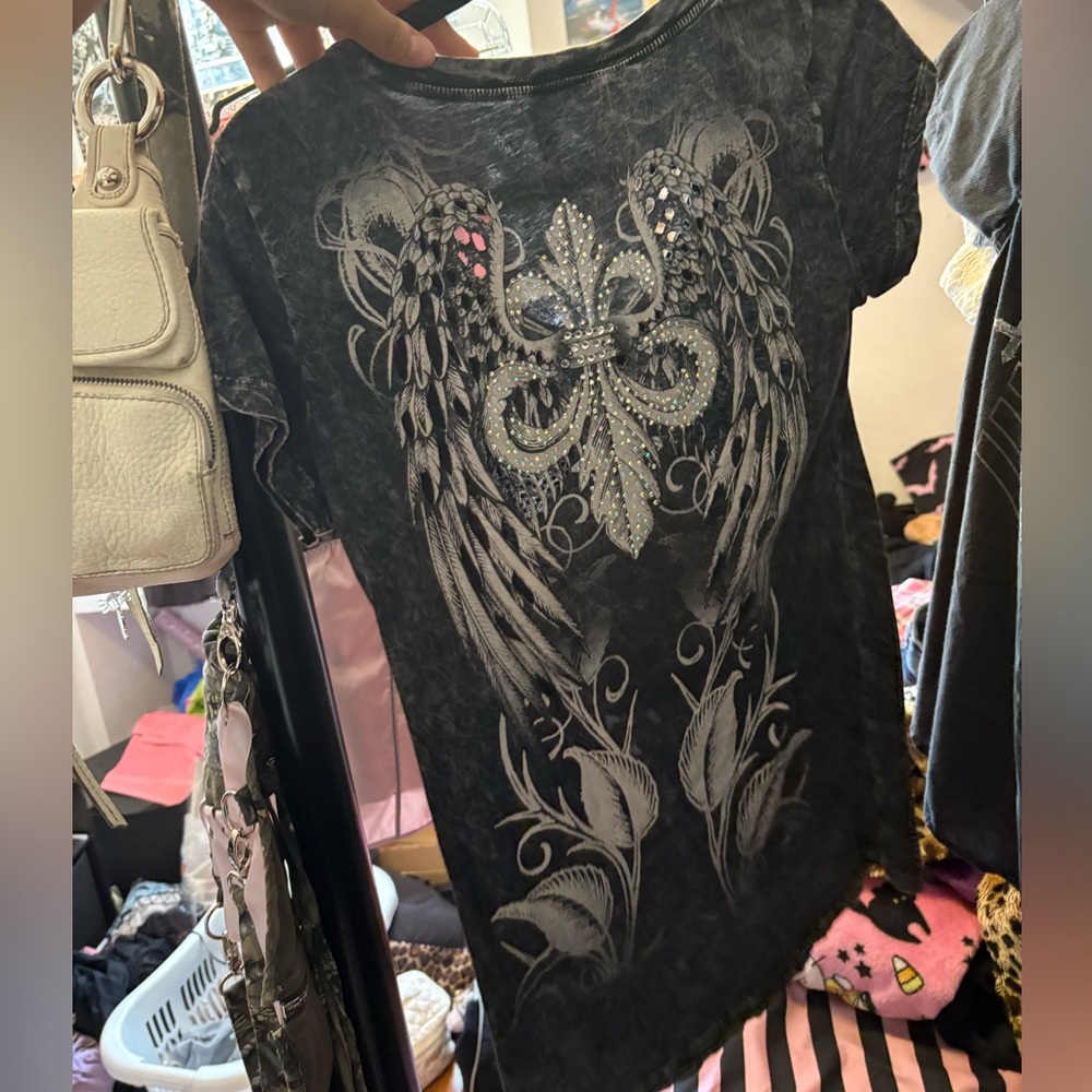 Grey washed rhinestone mc bling grunge Y2K angel wing cut out t shirt
